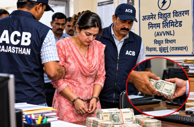 झुंझुनूं में ACB की बड़ी कार्रवाई: बिजली विभाग की JEN ₹15 हजार की रिश्वत लेते गिरफ्तार, कृषि कनेक्शन की लाइन बदलने के बदले मांगी थी रकम